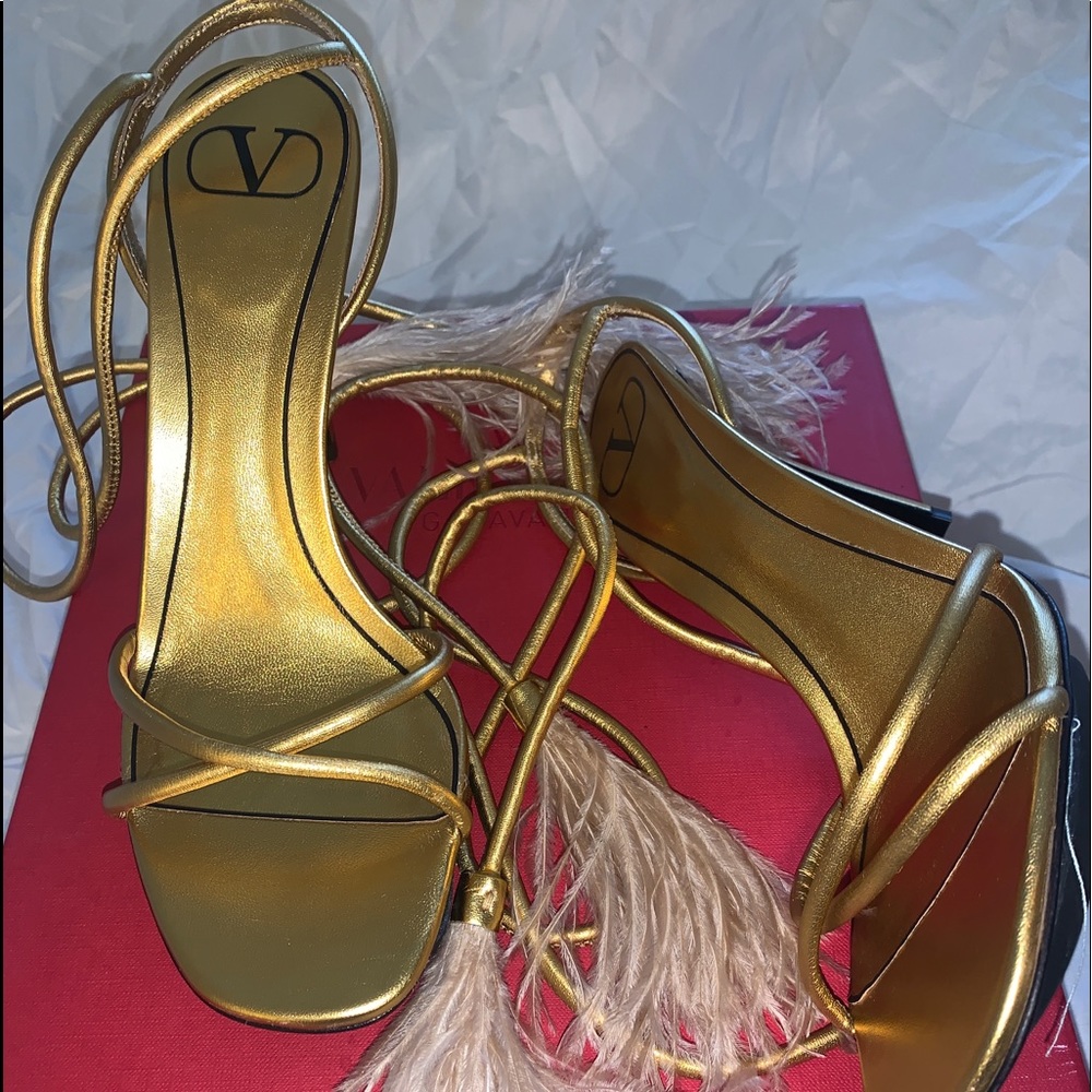 VALENTINO Gold Feather Strap Heels